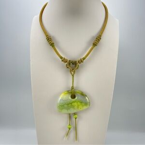 Artisanal Boho Green Art Glass Pendant Necklace with Adjustable Cord